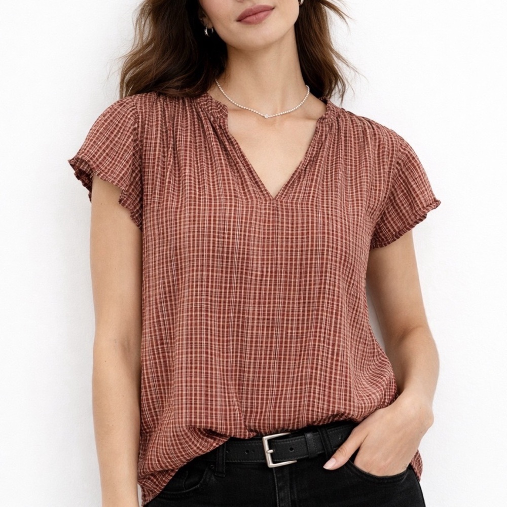 Cottagecore Loft Brown Plaid Gingham Cap Sleeve V-Neck Blouse Top M Academia